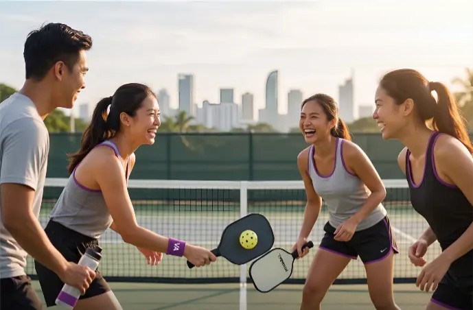 Friends laughing during a pickleball rally